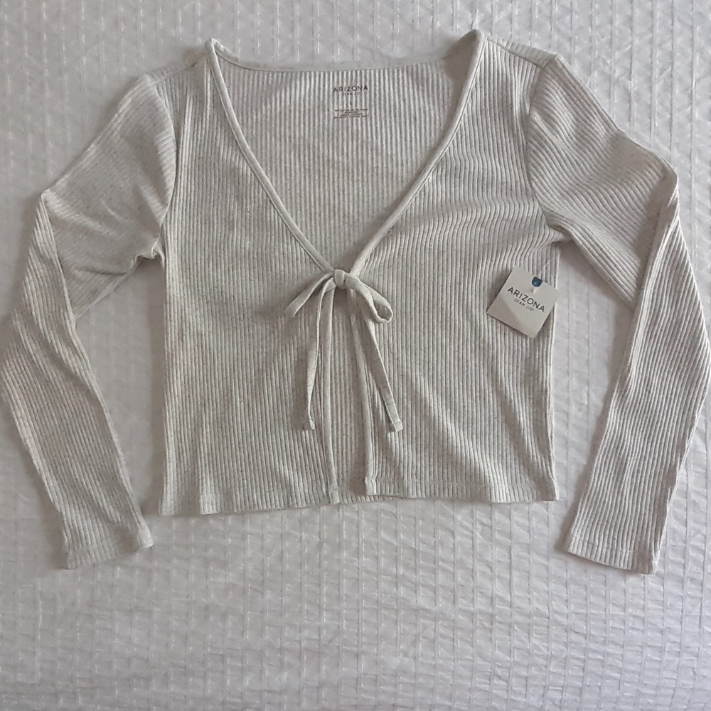 Light Grey Ribbed Tie Front Top